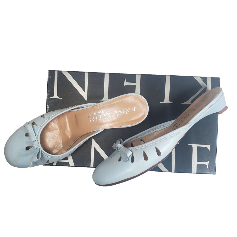 Vintage Anne Klein Women’s Heels 7.5M Blue Jory Nappa Mule Kitten Heel Bow - Picture 13 of 13
